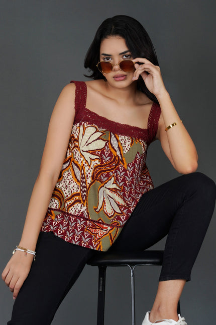 Boho Crochet Accent Square-Neck Top