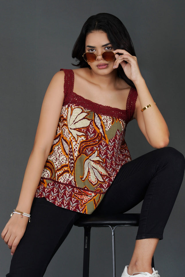 Boho Crochet Accent Square-Neck Top
