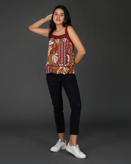 Boho Crochet Accent Square-Neck Top