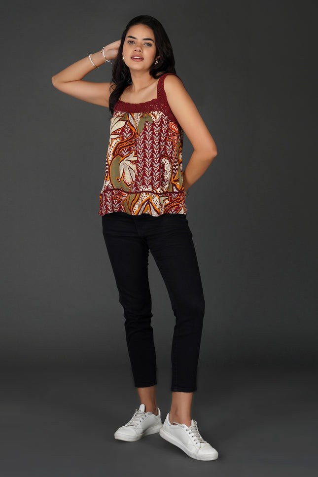 Boho Crochet Accent Square-Neck Top