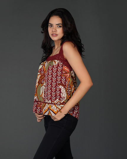 Boho Crochet Accent Square-Neck Top