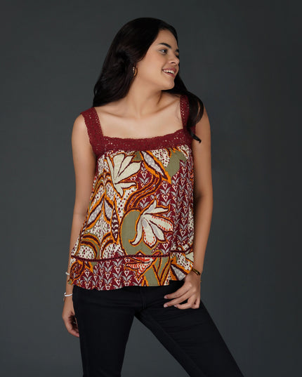Boho Crochet Accent Square-Neck Top