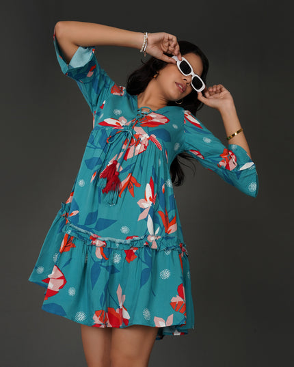 Boho Floral Sea Blue Rayon Dress with Tassel Detailing