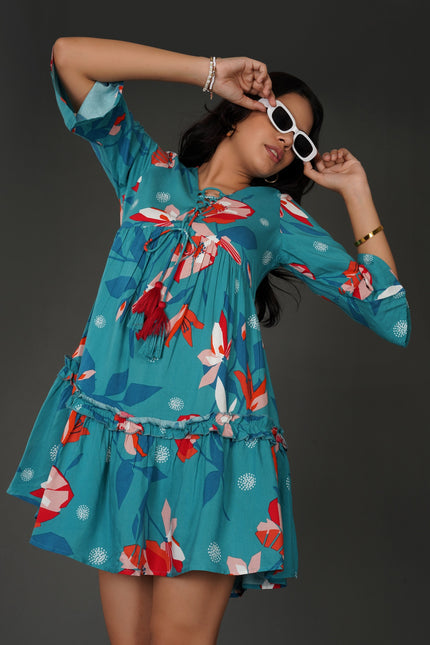 Boho Floral Sea Blue Rayon Dress with Tassel Detailing