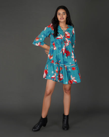 Boho Floral Sea Blue Rayon Dress with Tassel Detailing