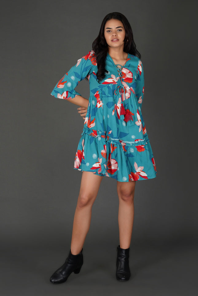 Boho Floral Sea Blue Rayon Dress with Tassel Detailing