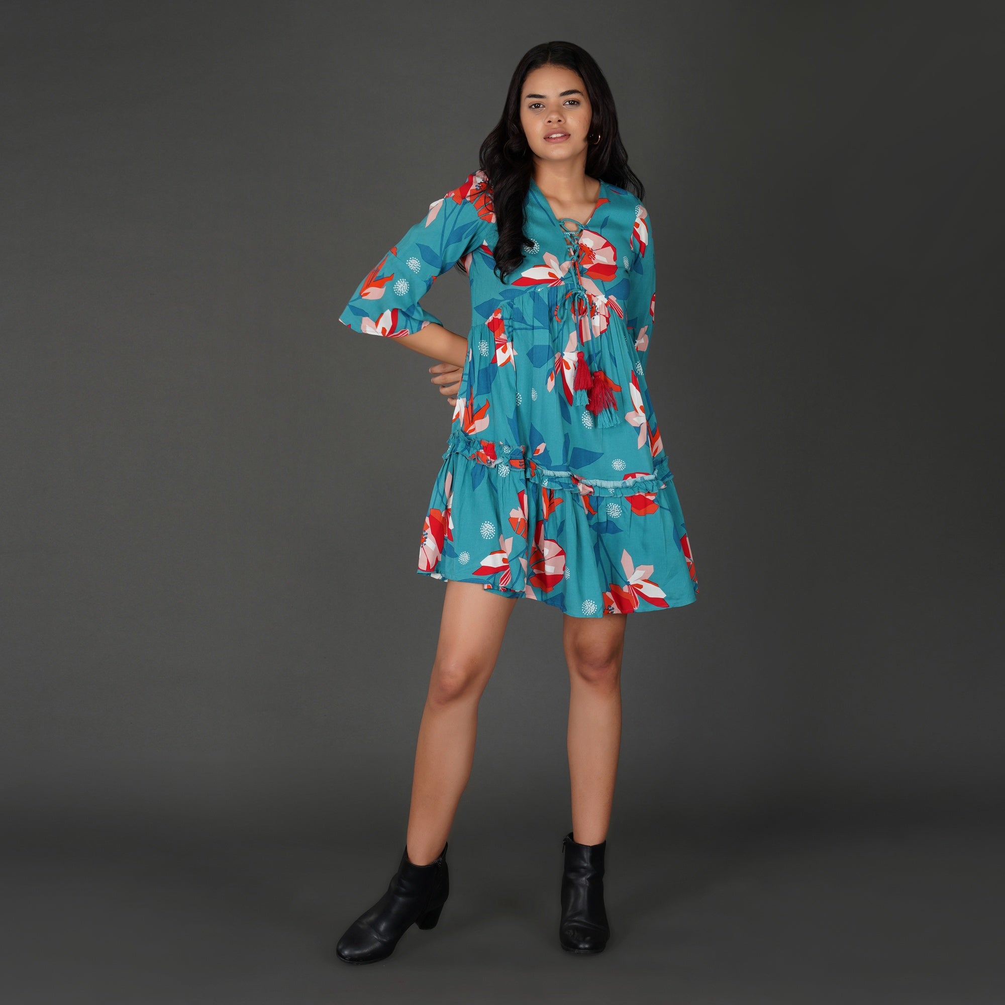 Boho Floral Sea Blue Rayon Dress with Tassel Detailing – trumee.in