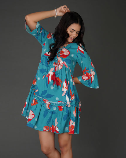 Boho Floral Sea Blue Rayon Dress with Tassel Detailing