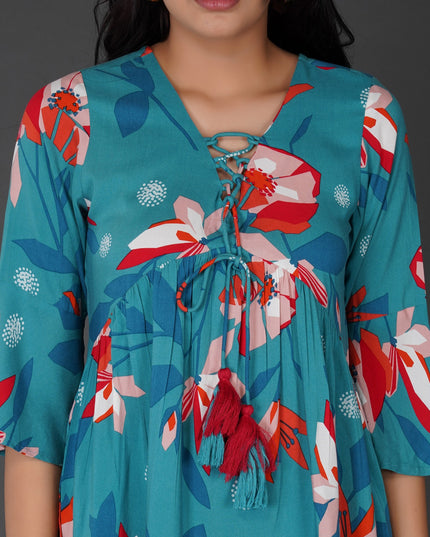 Boho Floral Sea Blue Rayon Dress with Tassel Detailing