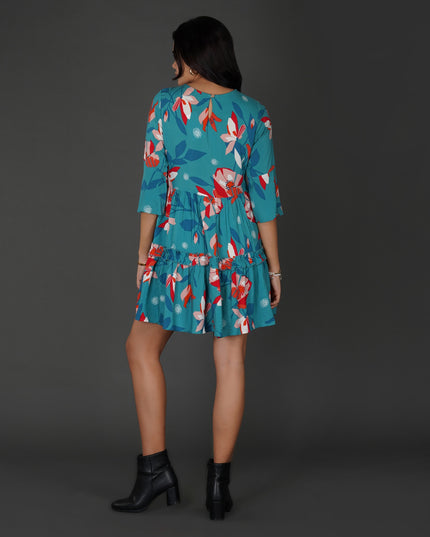 Boho Floral Sea Blue Rayon Dress with Tassel Detailing