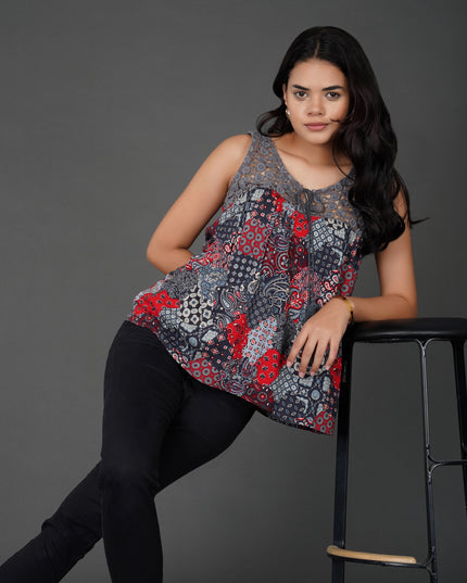Boho Patchwork Print Crochet Lace Sleeveless Top