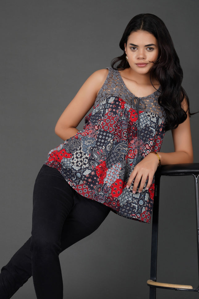 Boho Patchwork Print Crochet Lace Sleeveless Top
