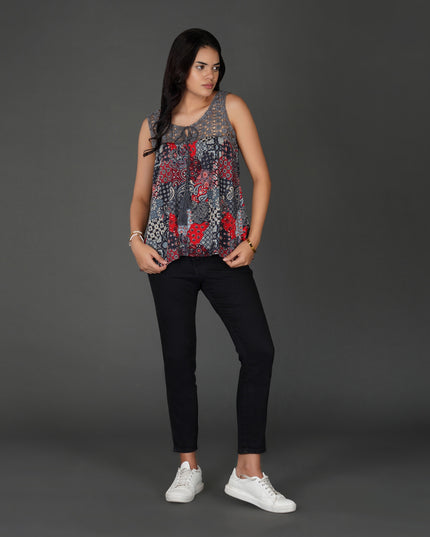 Boho Patchwork Print Crochet Lace Sleeveless Top