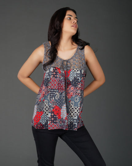 Boho Patchwork Print Crochet Lace Sleeveless Top