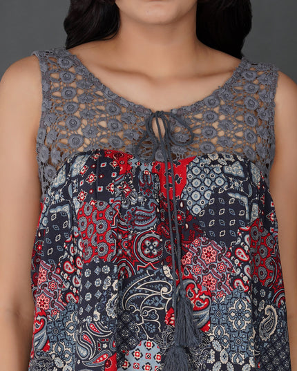 Boho Patchwork Print Crochet Lace Sleeveless Top