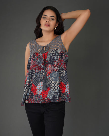 Boho Patchwork Print Crochet Lace Sleeveless Top
