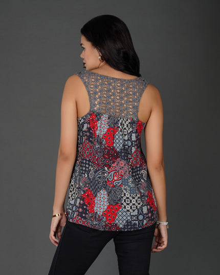 Boho Patchwork Print Crochet Lace Sleeveless Top