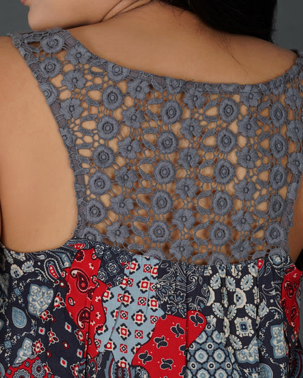 Boho Patchwork Print Crochet Lace Sleeveless Top