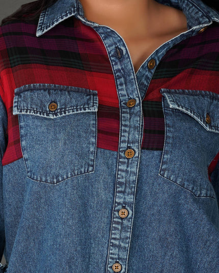 Checkered Yoke Denim Shirt with Roll-Up Sleeves