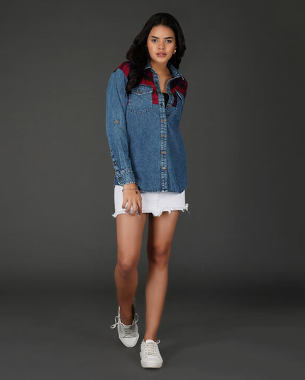 Checkered Yoke Denim Shirt with Roll-Up Sleeves