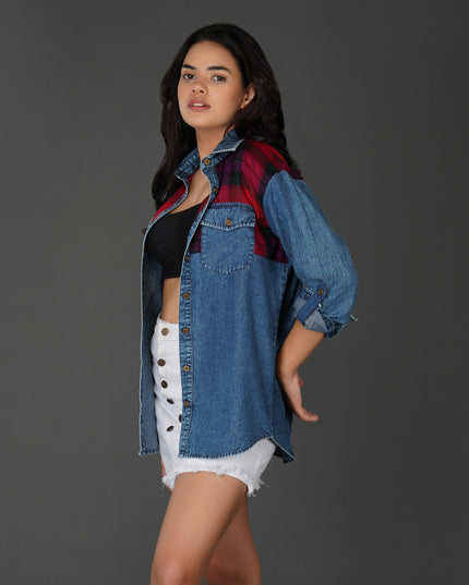 Checkered Yoke Denim Shirt with Roll-Up Sleeves
