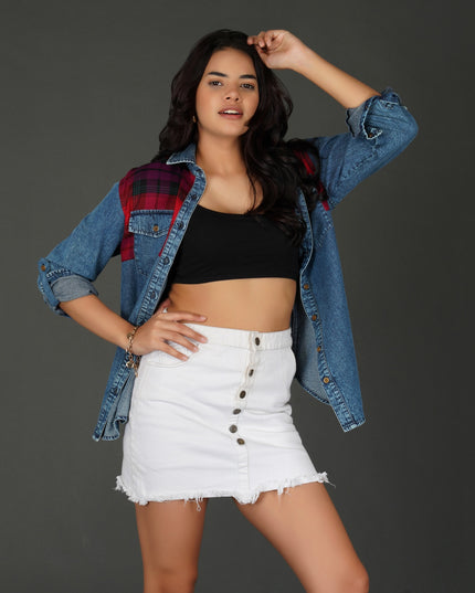 Checkered Yoke Denim Shirt with Roll-Up Sleeves