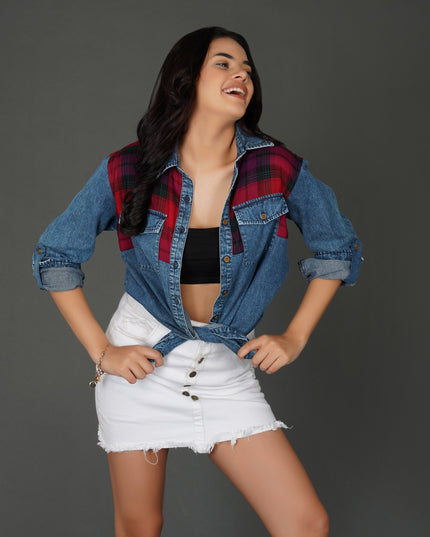 Checkered Yoke Denim Shirt with Roll-Up Sleeves