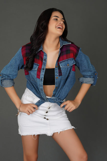 Checkered Yoke Denim Shirt with Roll-Up Sleeves