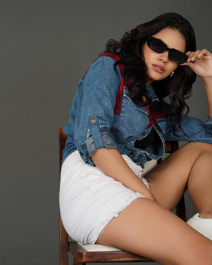 Checkered Yoke Denim Shirt with Roll-Up Sleeves