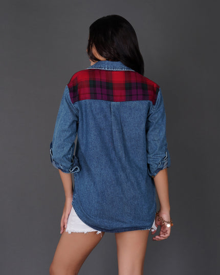 Checkered Yoke Denim Shirt with Roll-Up Sleeves