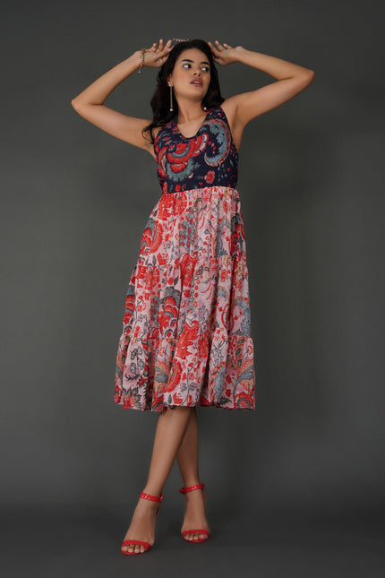 Elegant Printed Georgette Halter Midi Dress with Tiered Skirt