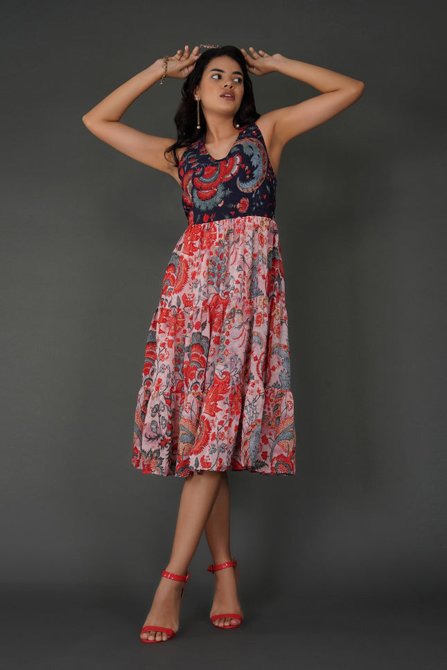 Elegant Printed Georgette Halter Midi Dress with Tiered Skirt