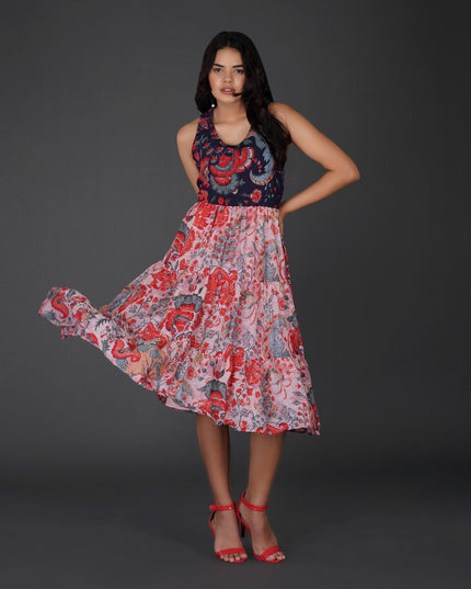 Elegant Printed Georgette Halter Midi Dress with Tiered Skirt