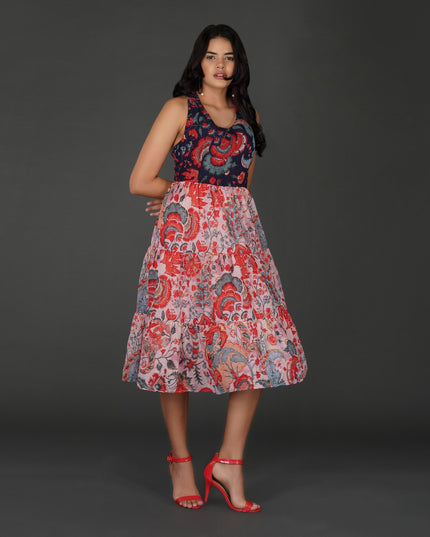 Elegant Printed Georgette Halter Midi Dress with Tiered Skirt