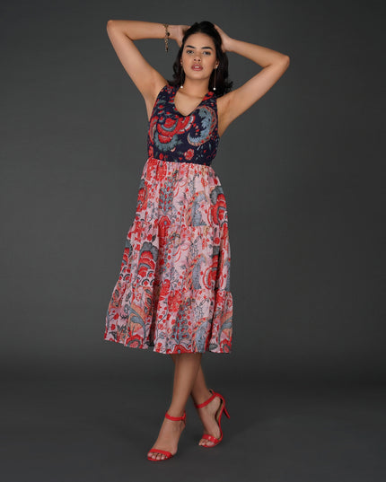 Elegant Printed Georgette Halter Midi Dress with Tiered Skirt