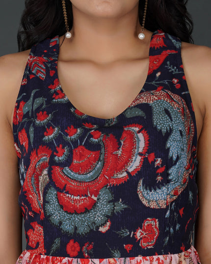 Elegant Printed Georgette Halter Midi Dress with Tiered Skirt