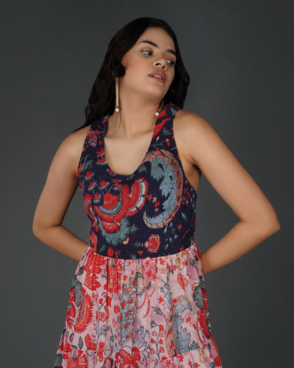 Elegant Printed Georgette Halter Midi Dress with Tiered Skirt