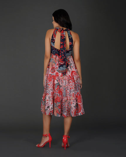 Elegant Printed Georgette Halter Midi Dress with Tiered Skirt