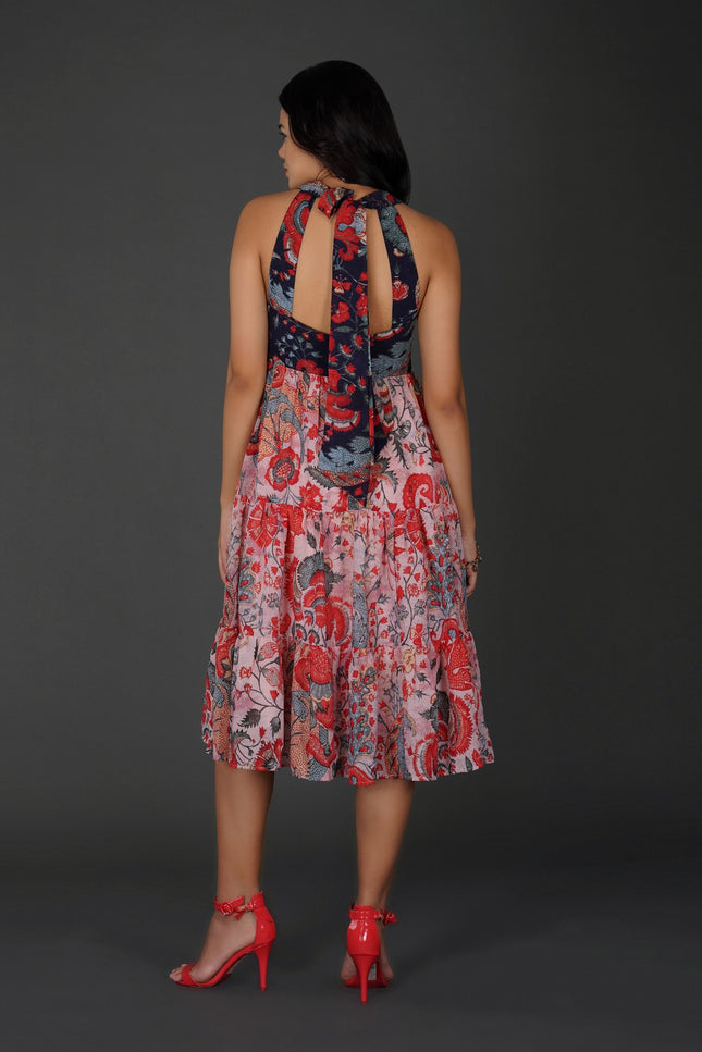 Elegant Printed Georgette Halter Midi Dress with Tiered Skirt
