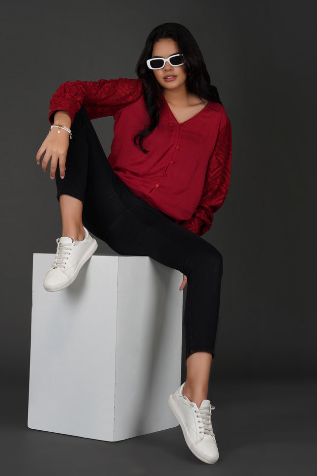 Embroidered Sleeves With Button-Down Viscose Georgette Top