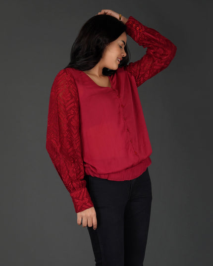 Embroidered Sleeves With Button-Down Viscose Georgette Top