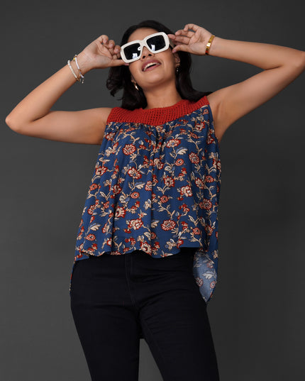 Floral Crochet Lace-Up Boho Top