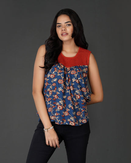Floral Crochet Lace-Up Boho Top