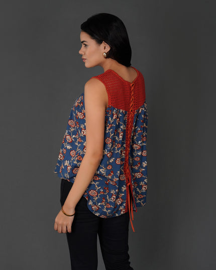 Floral Crochet Lace-Up Boho Top