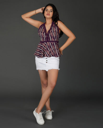 Halter-Neck Boho Peplum Top with Crochet Details