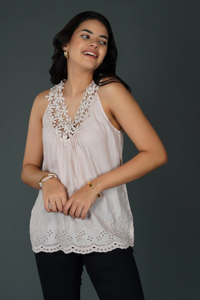 Misty Rose Pink Sleeveless Top with Crochet Lace and Schiffli Embroidery