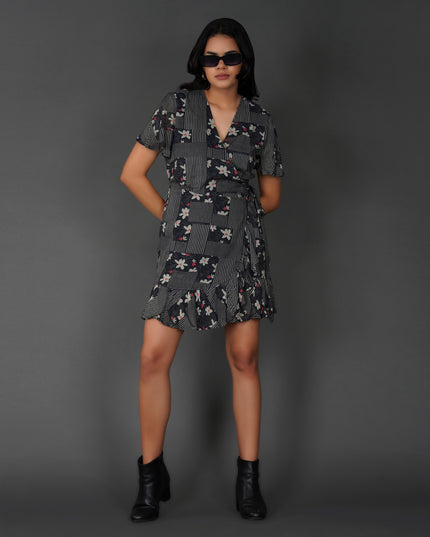 Monochrome Floral Printed Wrap Dress