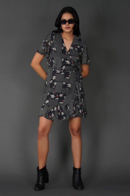 Monochrome Floral Printed Wrap Dress