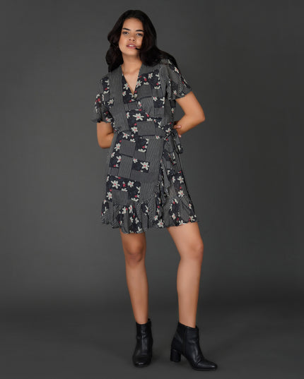 Monochrome Floral Printed Wrap Dress