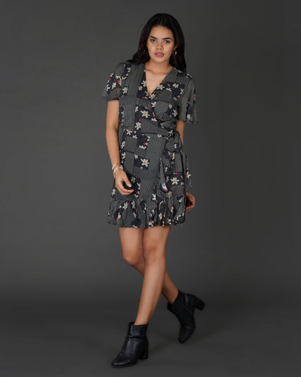 Monochrome Floral Printed Wrap Dress